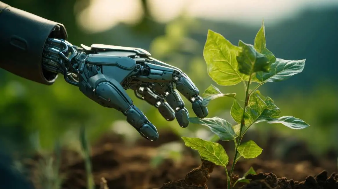 Photo of a robot hand reaching for a plant Photo of a robot hand reaching for a plant