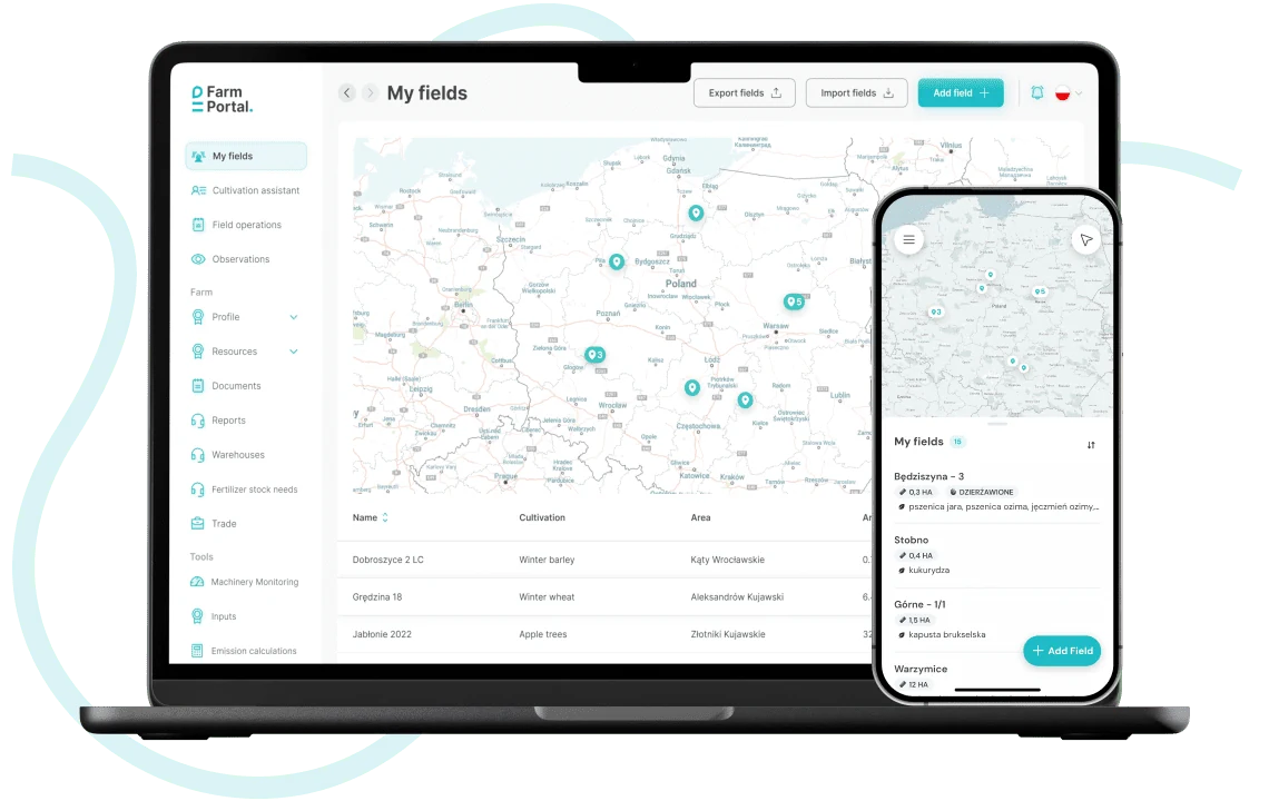 Aplikacja FarmPortal do zarządzania gospodarstwem na laptopie i smartfonie