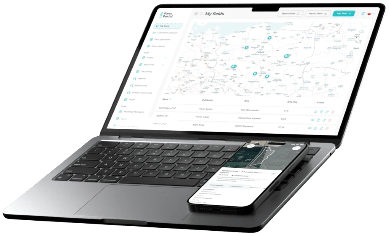 Aplikacja FarmPortal na komputerze i telefonie